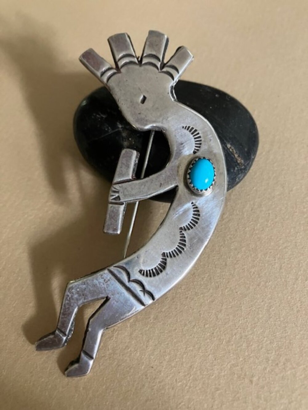 Vintage Navajo Extra Large Sterling Turquoise Kokopelli Pin Brooch